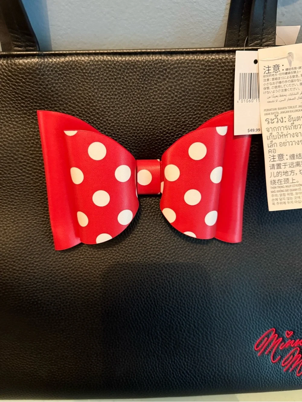 Disney Parks Minnie Mouse Black Tote with Red Polka Dot Bow